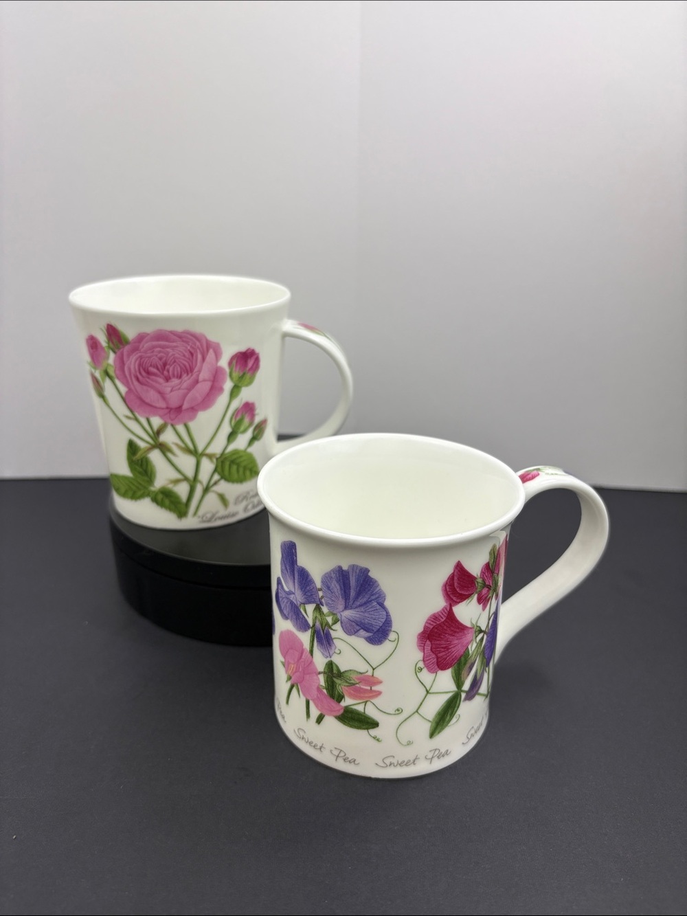 2 Dunoon Mugs - Pink Rose Botanica and Sweet Pea Designs by Kathy Pickles